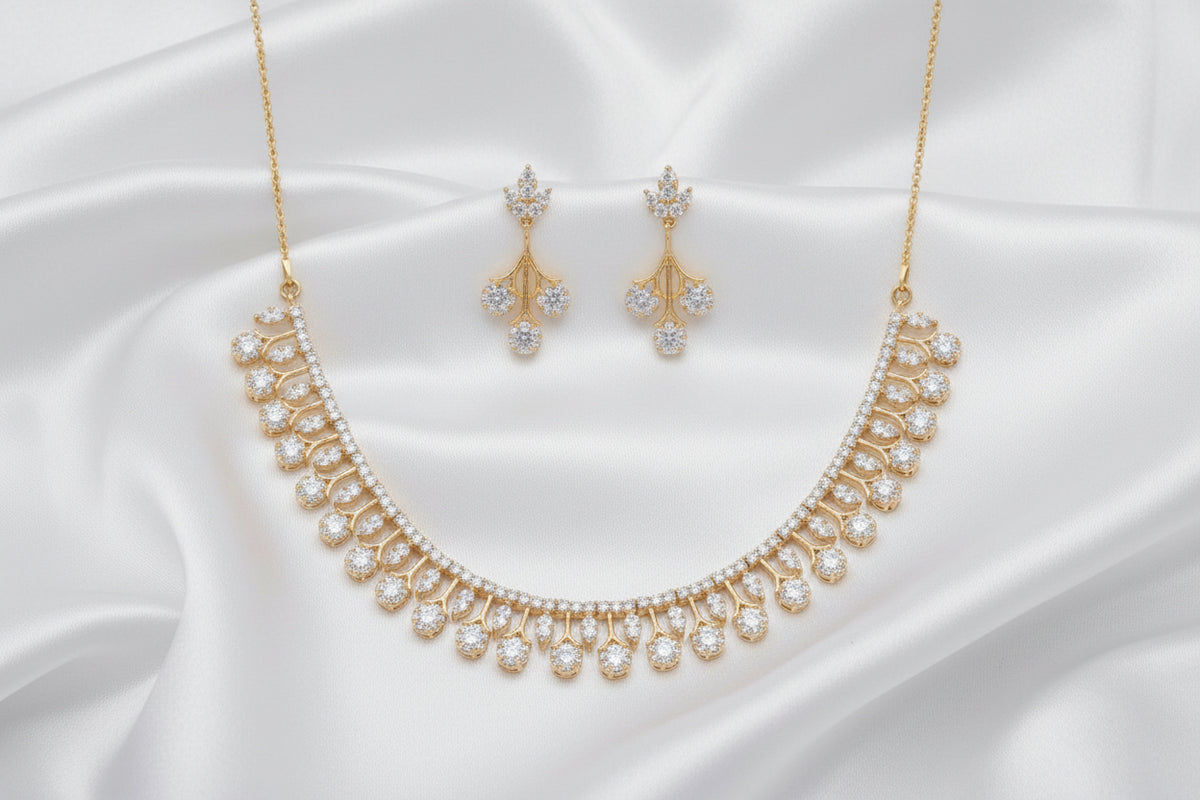 Gold Plated Zircon Drop Necklace Set with Matching Dangle Earrings | Elegant Bridal & Party Wear Jewelry