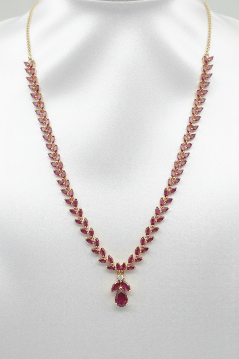 Black & Ruby Pink Leaf Zircon Necklace Set Combo | Gold Plated Marquise Stone Necklace with Matching Earrings