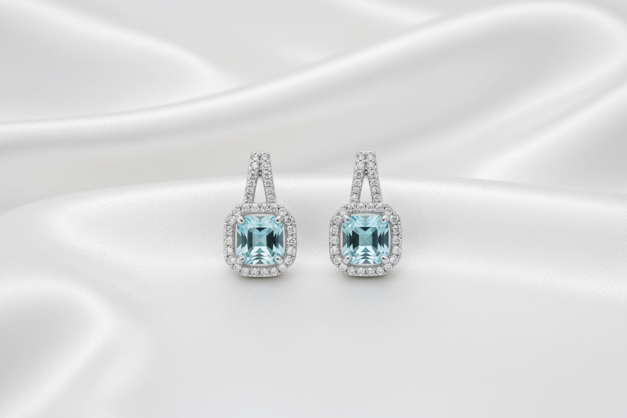 Black Cushion Cut Halo Pendant Necklace & Light Blue Cushion Cut Halo Pendant Necklace