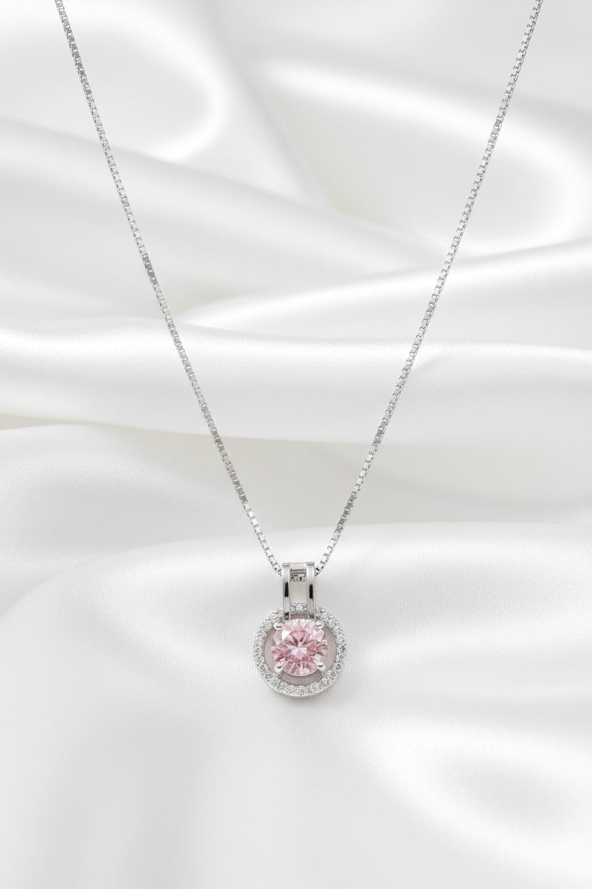 Silver-Tone Pink Zircon Halo Pendant Necklace & Stud Earrings Jewelry Set