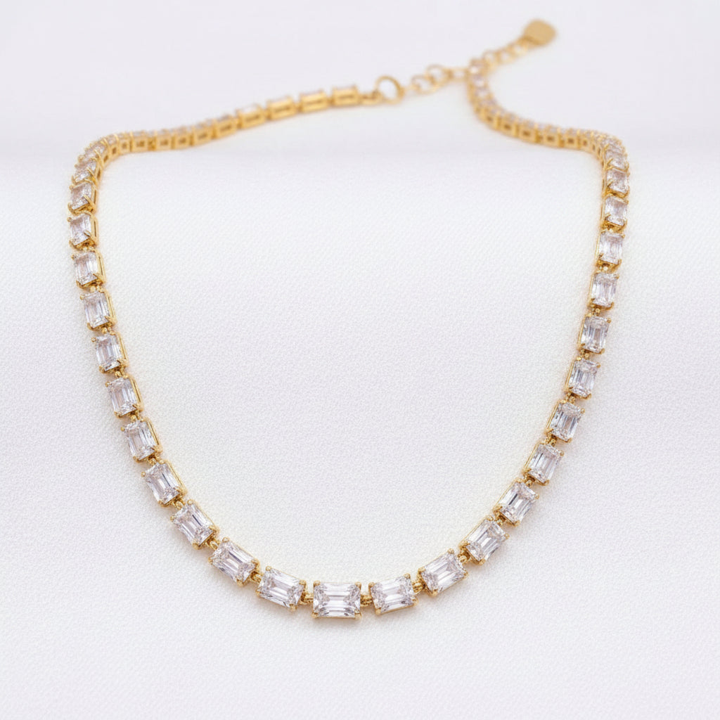 Gold-Plated Emerald Cut Cubic Zirconia Tennis Necklace & Earrings Set