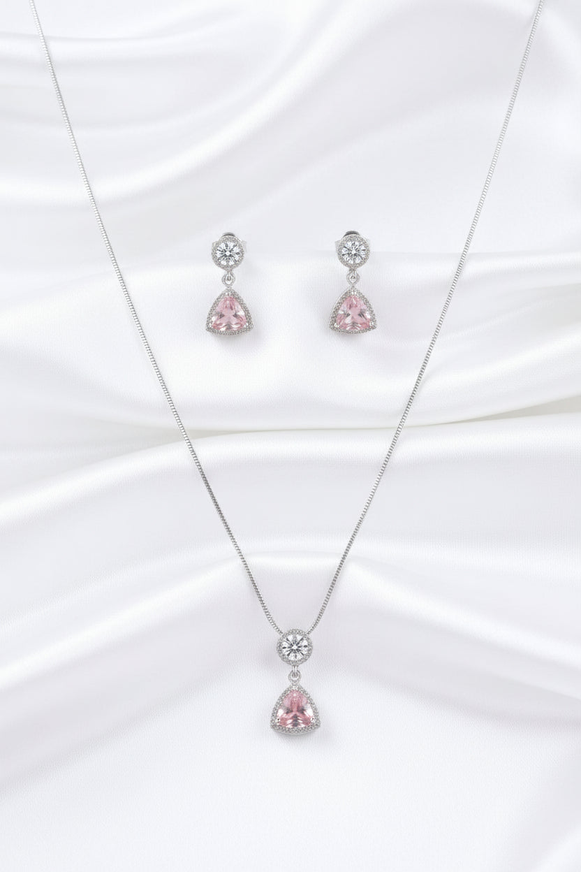 Silver-Tone Pink Heart CZ Pendant Necklace & Drop Earrings Set | Elegant Jewelry for Women