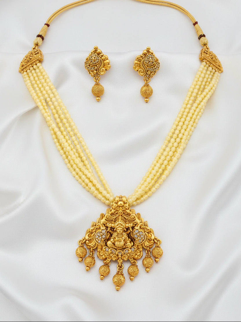 Ivory Multi-Strand Beaded Lakshmi Temple Necklace Set | Antique Gold Plated Traditional Bridal Jewelry
