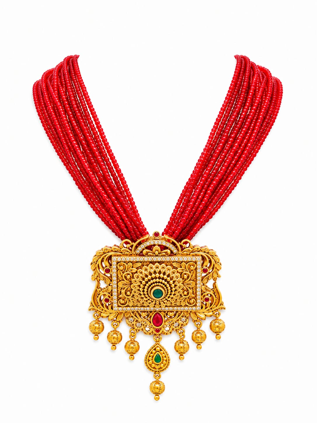 Red Multi-Strand Beaded Antique Necklace Set | Gold Plated Statement Pendant with Jhumka Earrings
