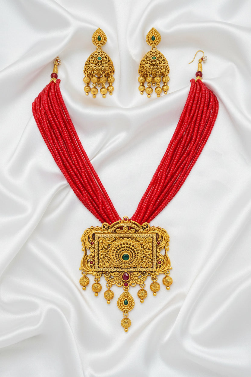 Red Multi-Strand Beaded Antique Necklace Set | Gold Plated Statement Pendant with Jhumka Earrings