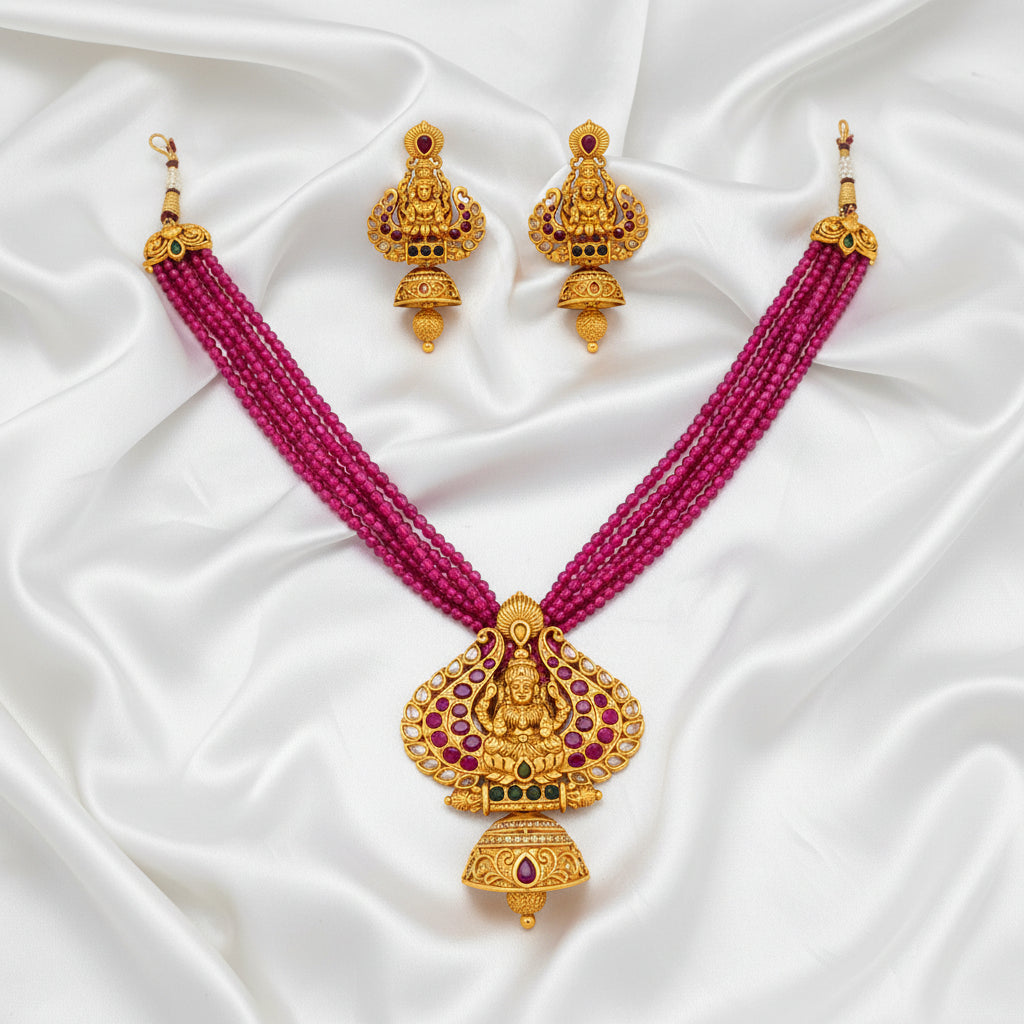 Magenta Multi-Strand Beaded Lakshmi Temple Necklace Set | Antique Gold Plated Traditional Bridal Jewelry