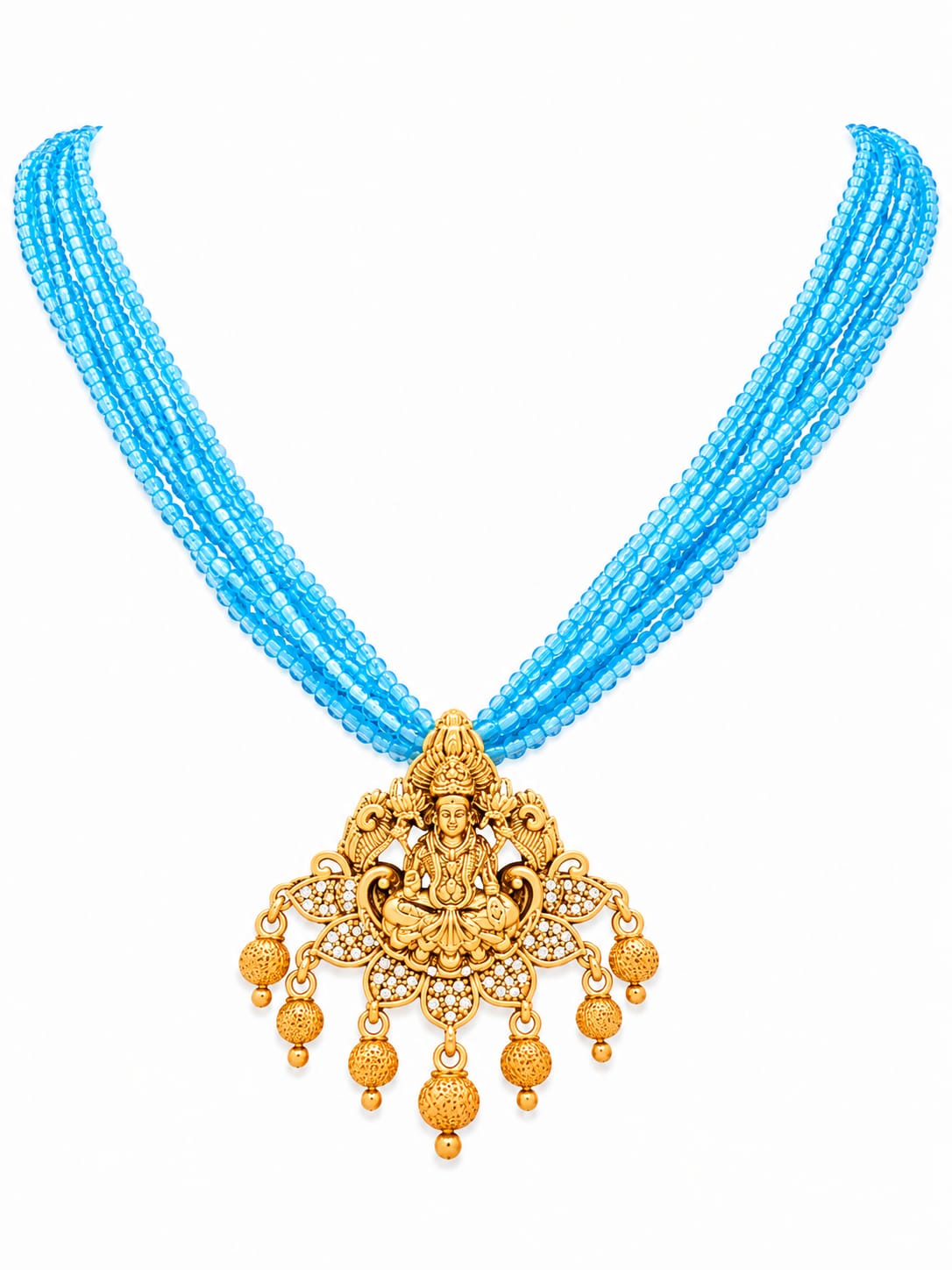 Sky Blue Beaded Lakshmi Temple Necklace Set with Matching Earrings