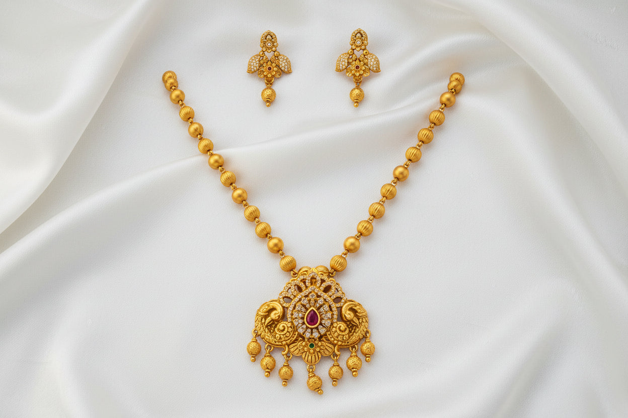 Antique Gold Peacock Pendant Necklace Set | Traditional Temple Necklace with Matching Earring