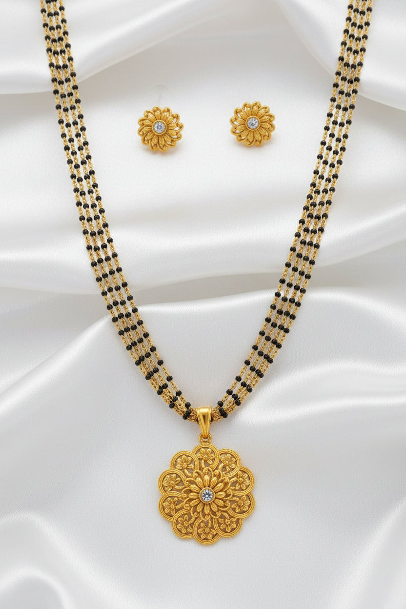 Traditional Black Beaded Floral Mangalsutra Set | Gold Plated Flower Pendant Necklace with Stud Earrings