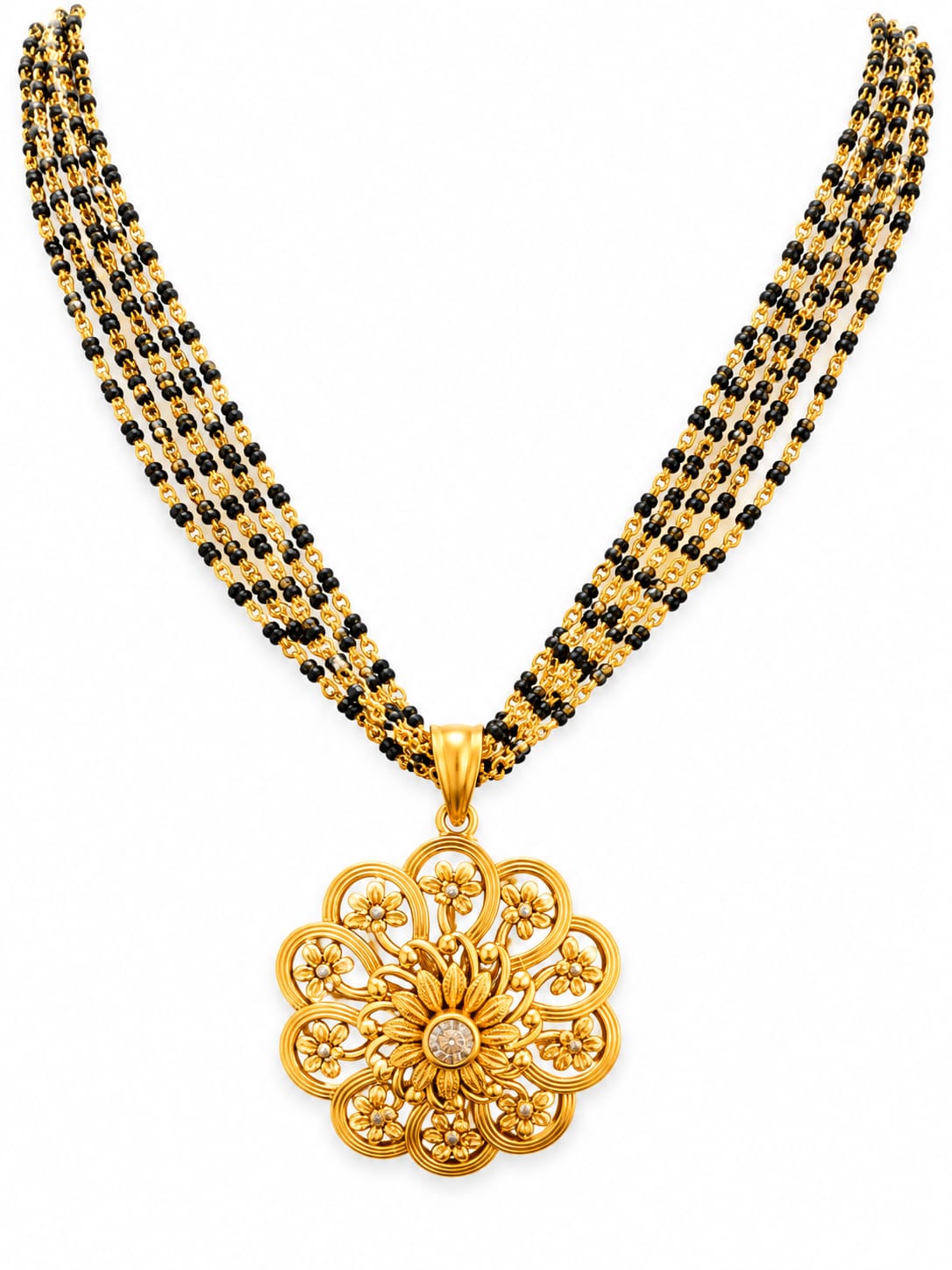 Traditional Black Beaded Floral Mangalsutra Set | Gold Plated Flower Pendant Necklace with Stud Earrings