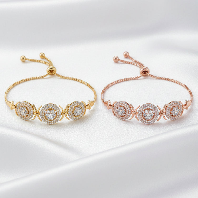 Luxury Round Halo Adjustable Bracelet – Gold & Rose Gold CZ Bracelet for Women