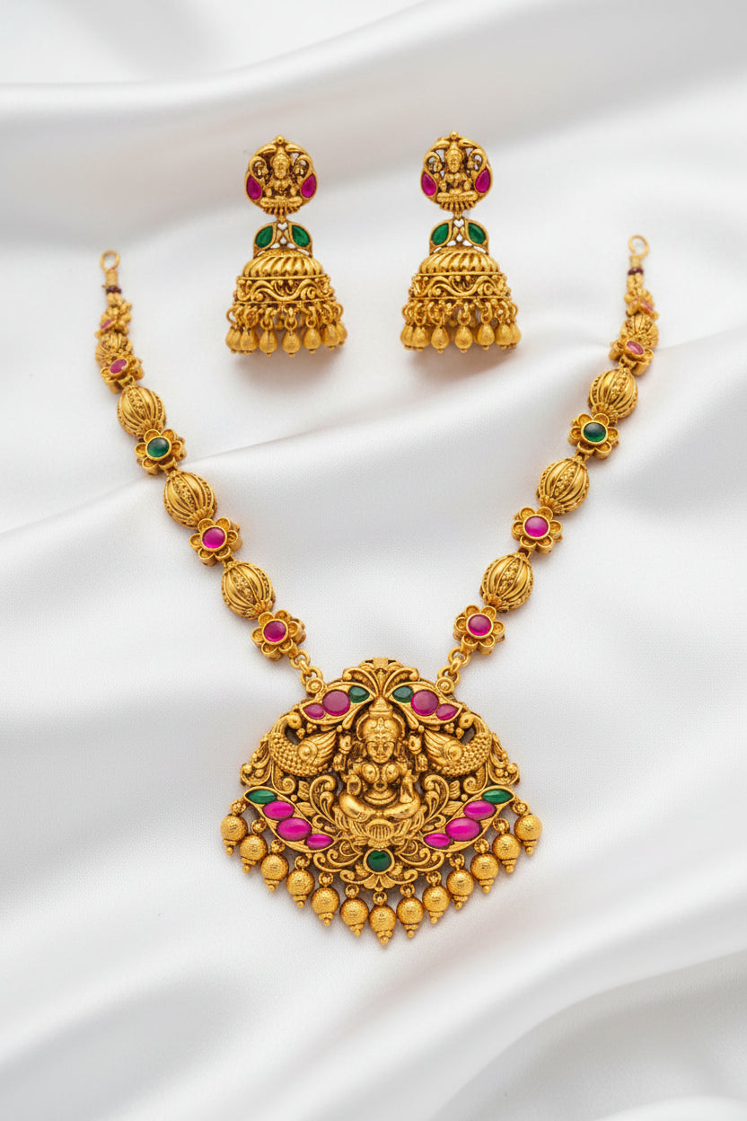 Traditional Goddess Lakshmi Gold-Tone Necklace & Jhumka Set