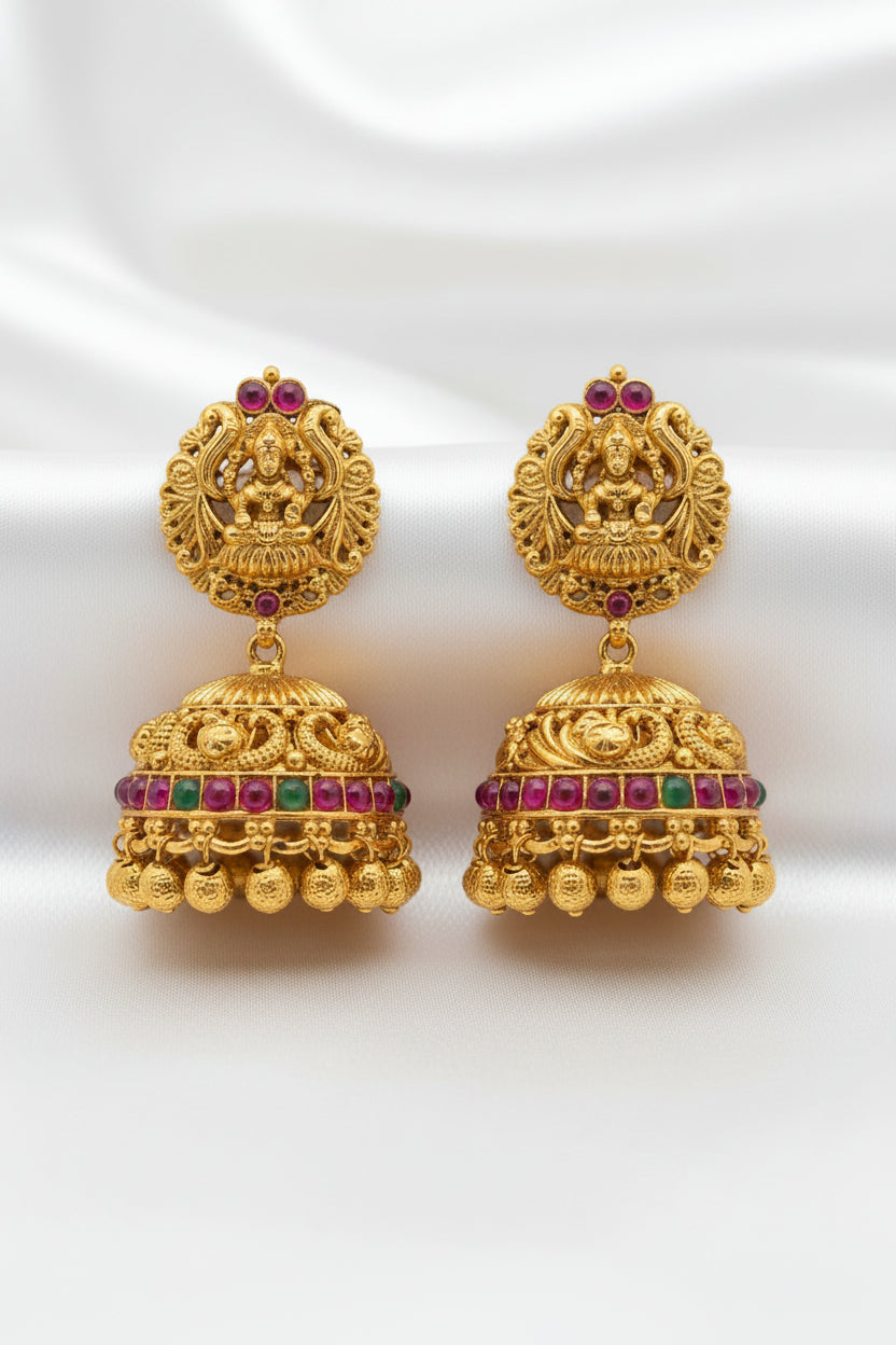 Traditional Temple Gold-Tone Necklace Set with Jhumka Earrings | Ruby & Green Stone Bridal Jewelry