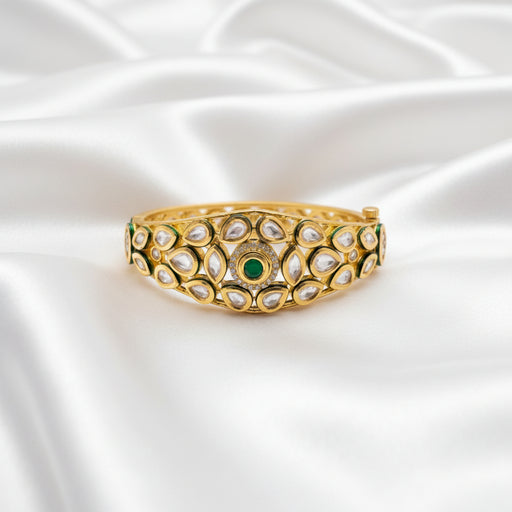 Traditional Gold-Tone Kundan Bangles | Green & Ruby Stone Designer Kada Bangle