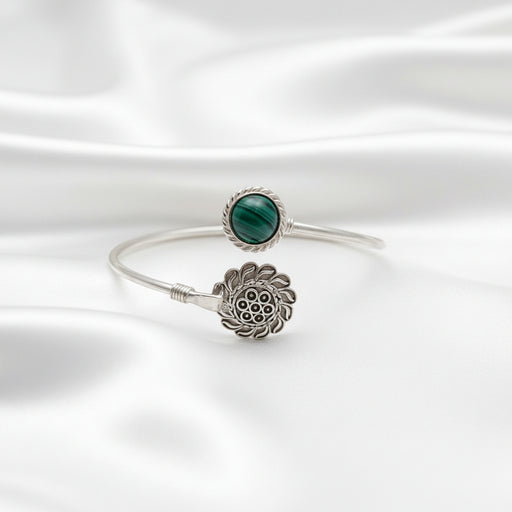 Sterling Silver Green Malachite Floral Cuff Bracelet | Handmade Boho Jewelry