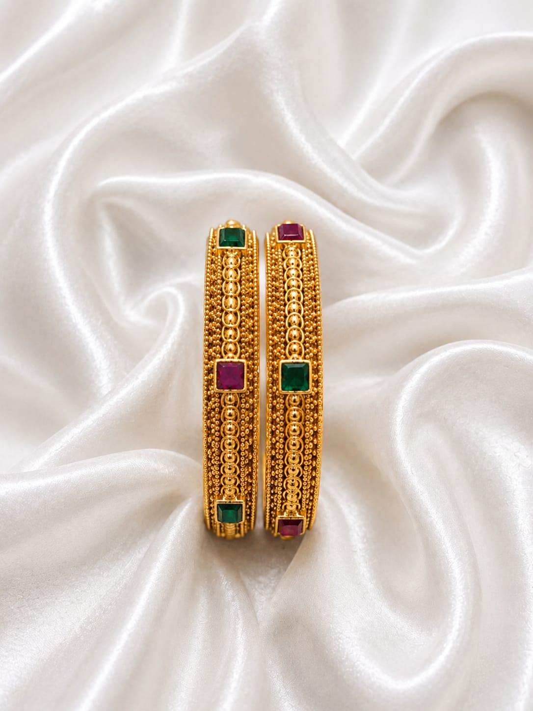 Traditional Gold Plated Antique Bangle Set with Ruby & Emerald Stone Detailing