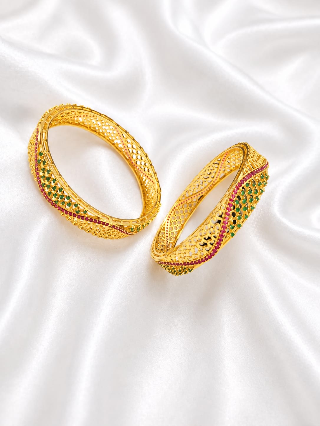 Gold Finish Designer Bangles with Pink & Green Stone Detailing | Traditional Ethnic Jewellery