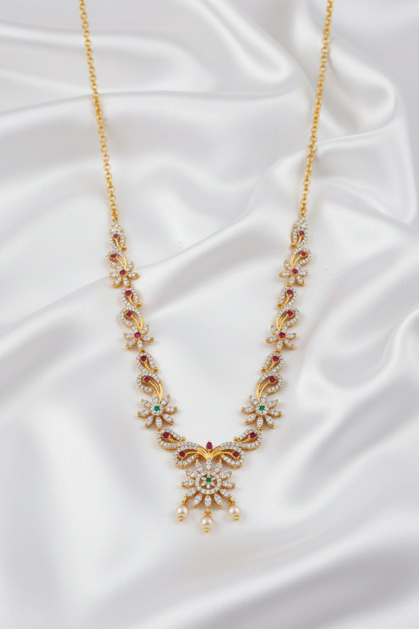 Elegant Gold Plated Floral Necklace Set with Pink & Green Stones and Pearl Drops