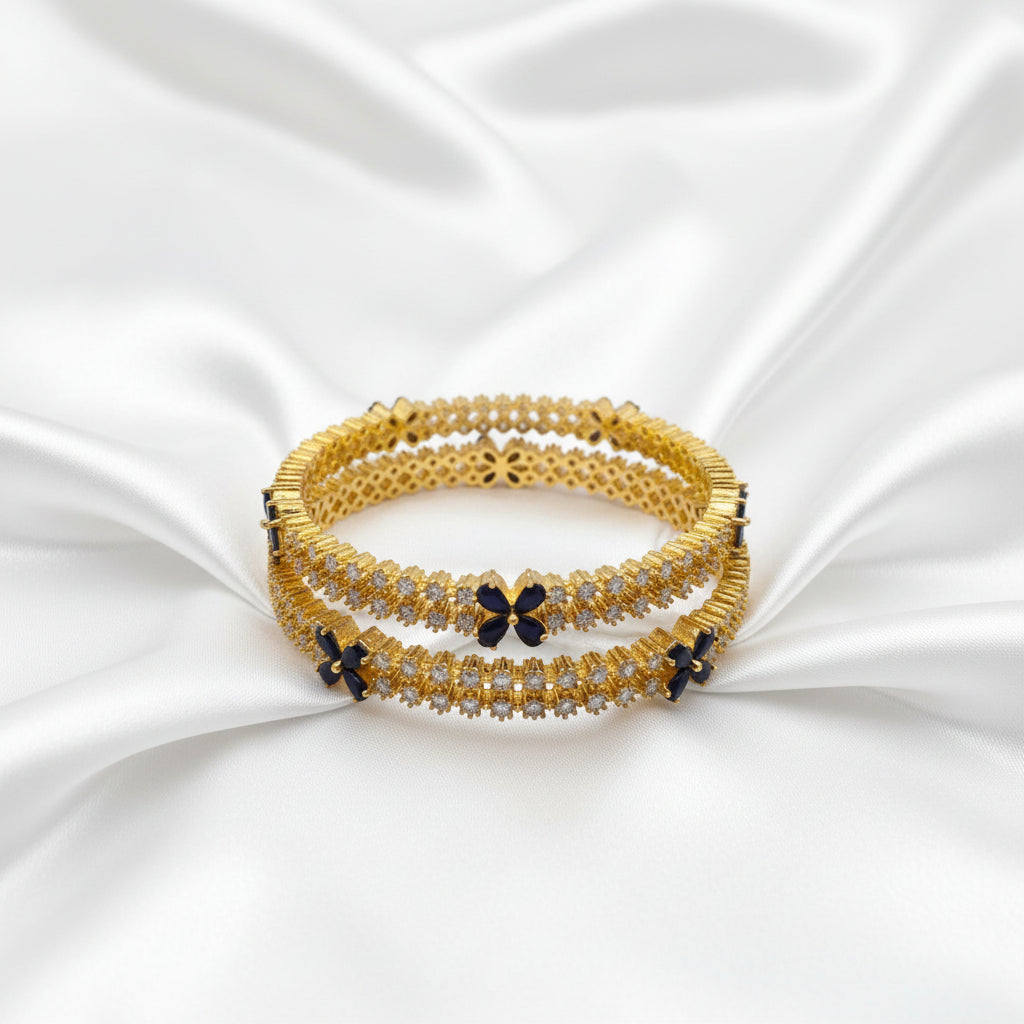 Gold Floral Rhinestone Headband with Navy Blue Accents