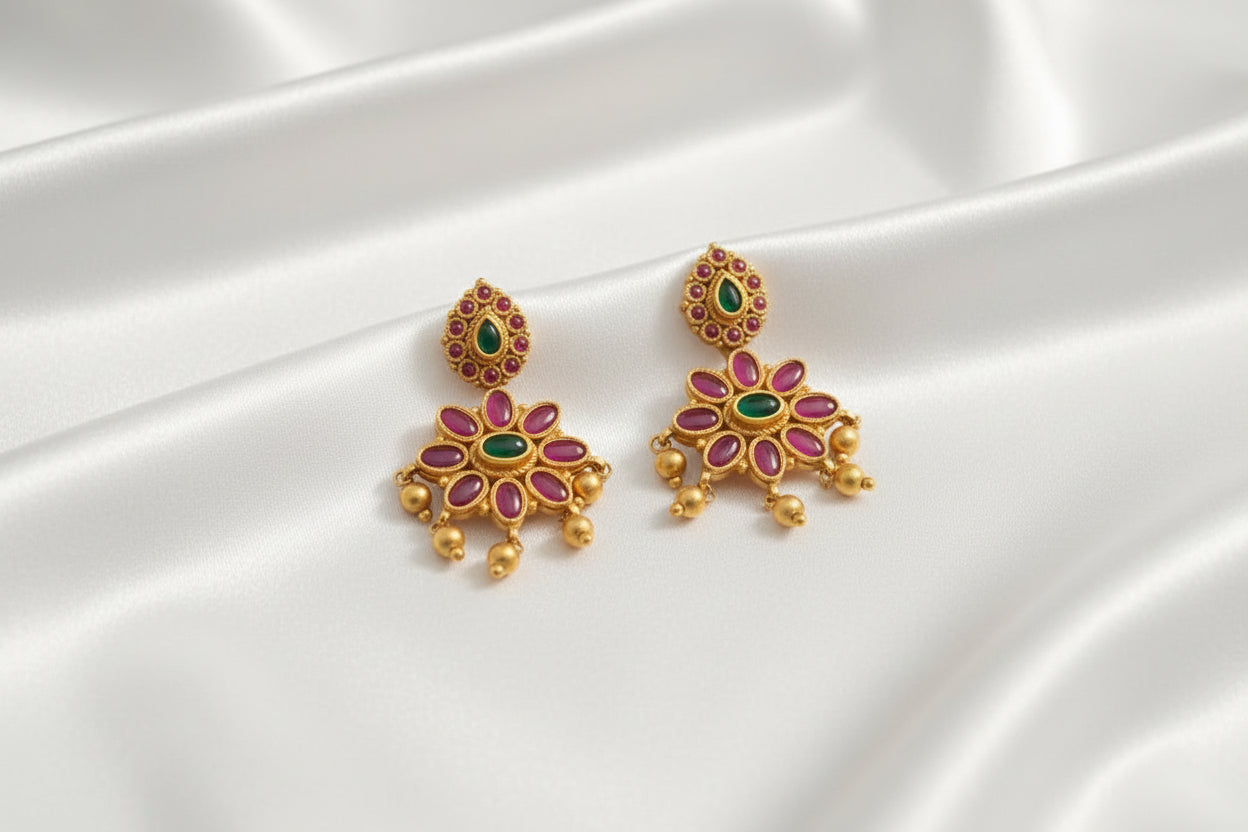 Traditional Antique Gold Plated Kemp Floral Drop Earrings – Ruby Pink & Emerald Green Stone Dangles with Golden Bead Accents