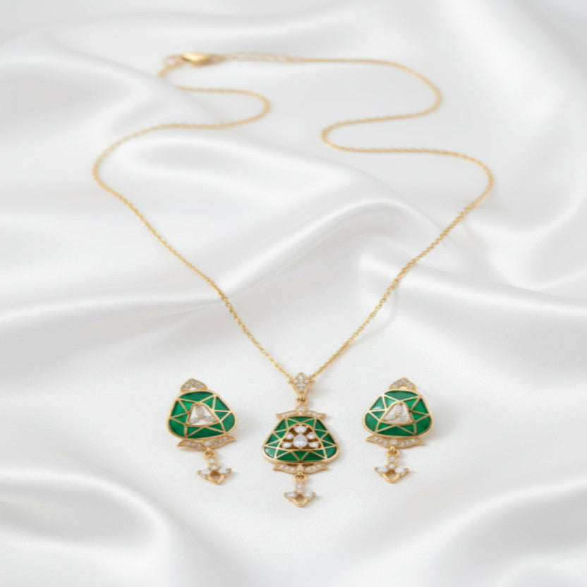 Elegant Green & Ruby Enamel Pendant Necklace & Earrings Set – Gold Tone CZ Bridal Jewelry