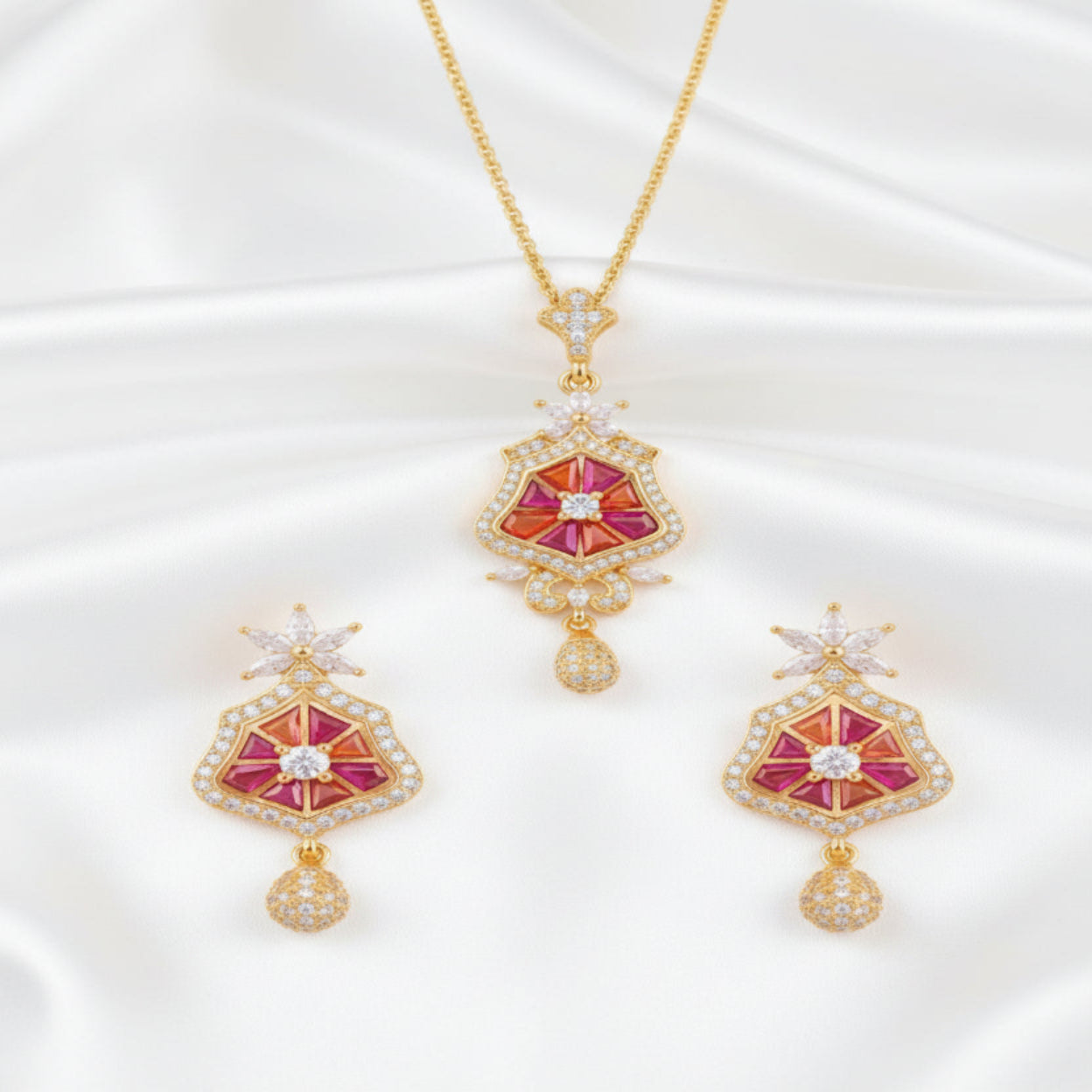 Elegant Multicolor CZ Pendant Necklace & Matching Earrings Set – Gold Finish Statement Jewelry