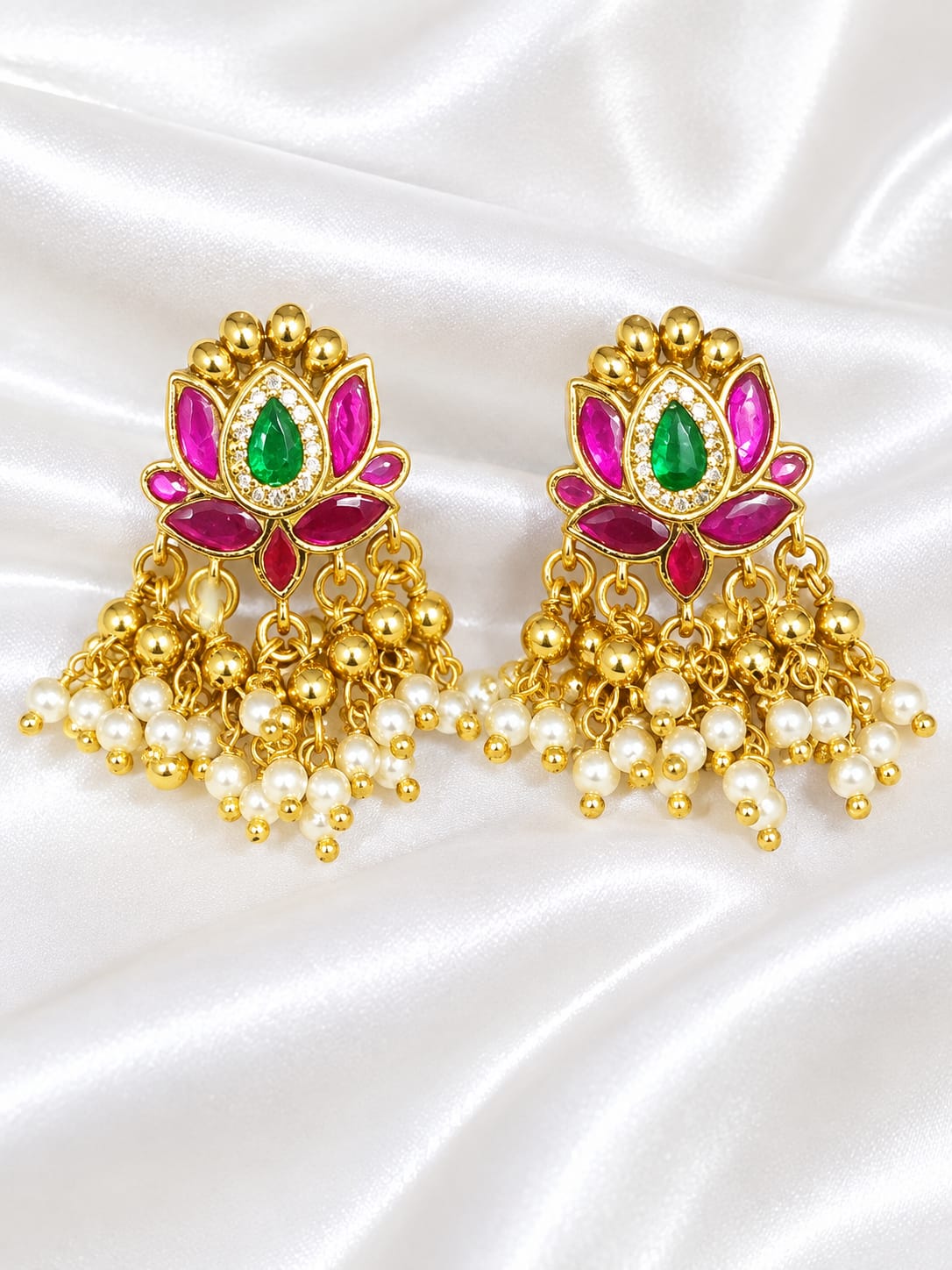 Gold-Plated Lotus Earrings with Green & Pink Stones and Pearl Drops