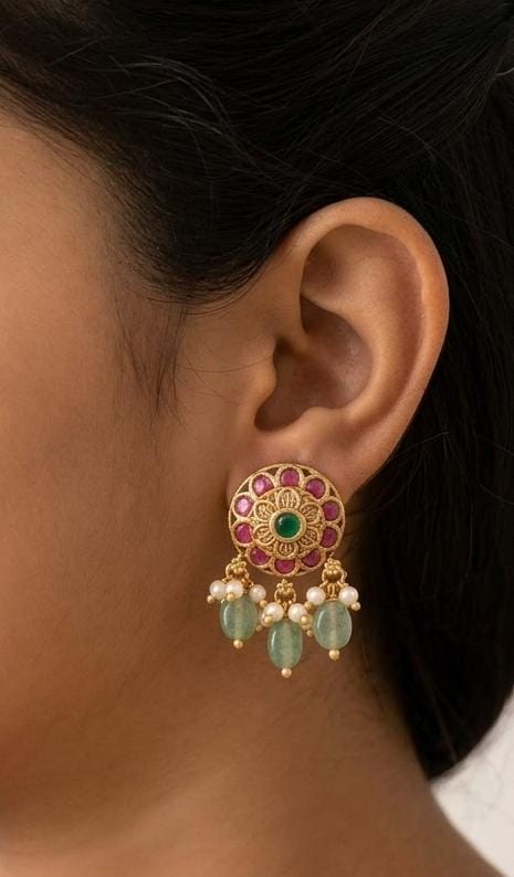 Antique Gold Finish Pink & Green Stone Drop Earrings