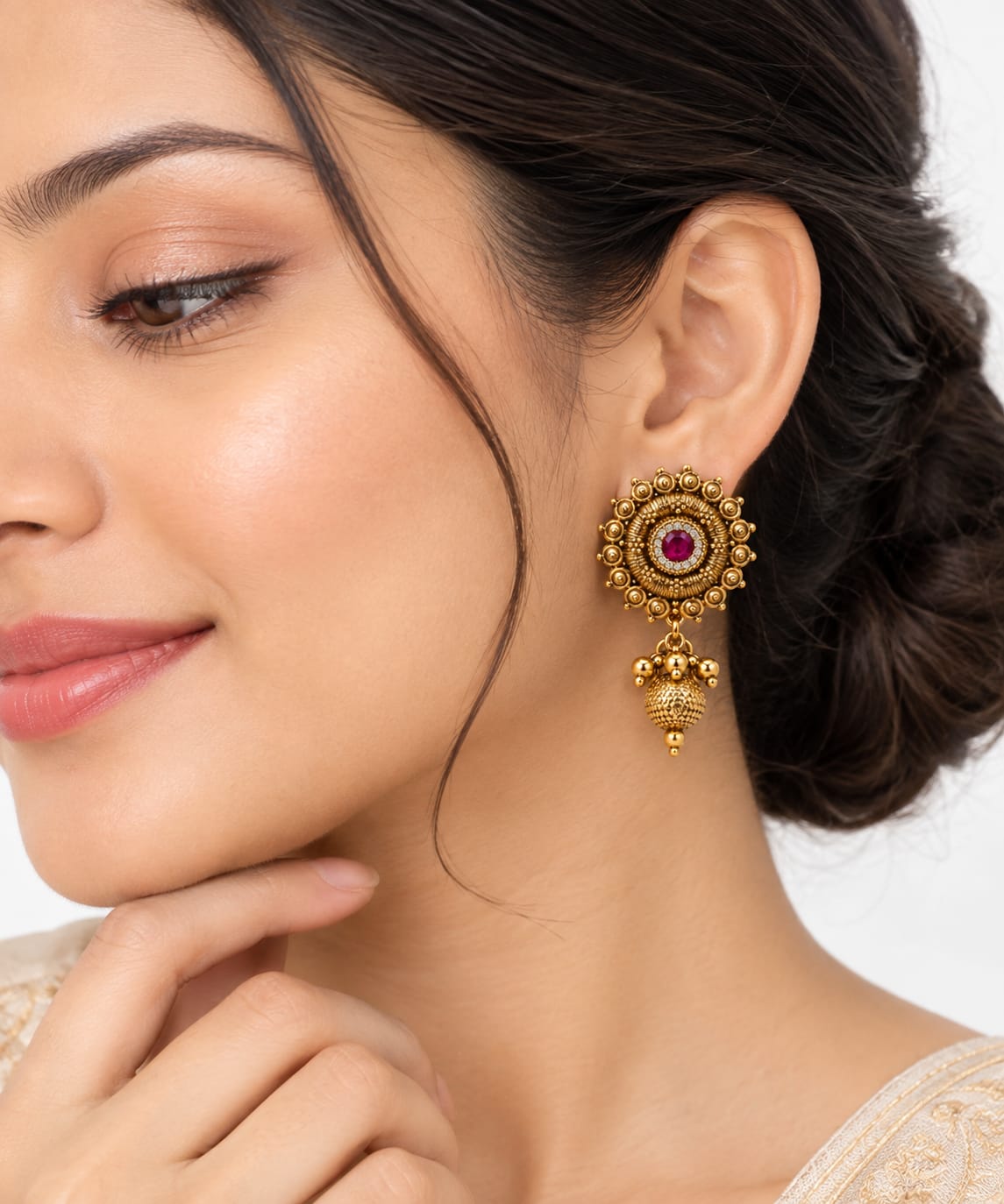 Traditional Antique Gold-Plated Sunburst Temple Stud Earrings with Gemstone & Dangle Drop