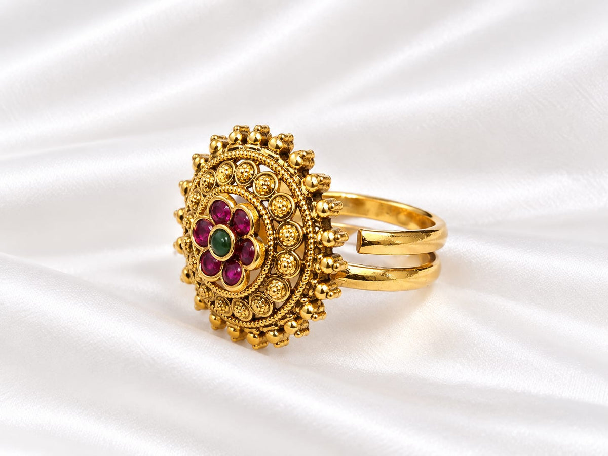 Antique Gold Plated Floral Ruby & Green Stone Statement Ring💍