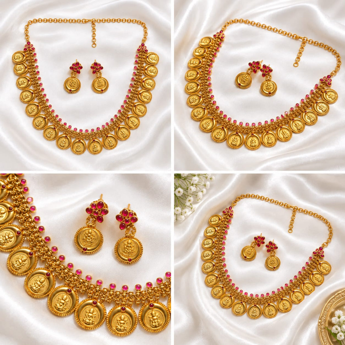 Traditional South Indian Kasu Mala Necklace Set | Goddess Lakshmi Coin Necklace with Ruby Pink Stones | Antique Gold Temple Jewelry