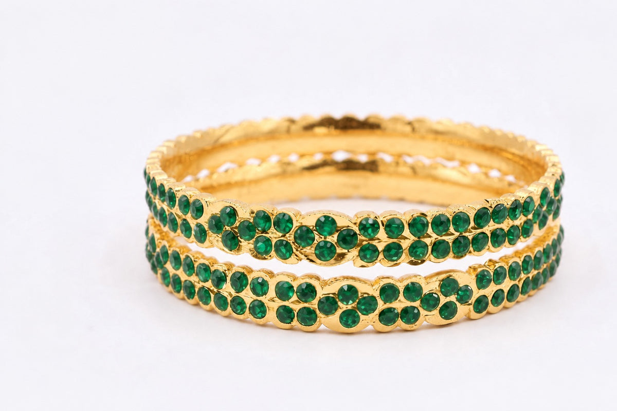 Gold-Plated Emerald Green Stone Studded Bangles Set for Women