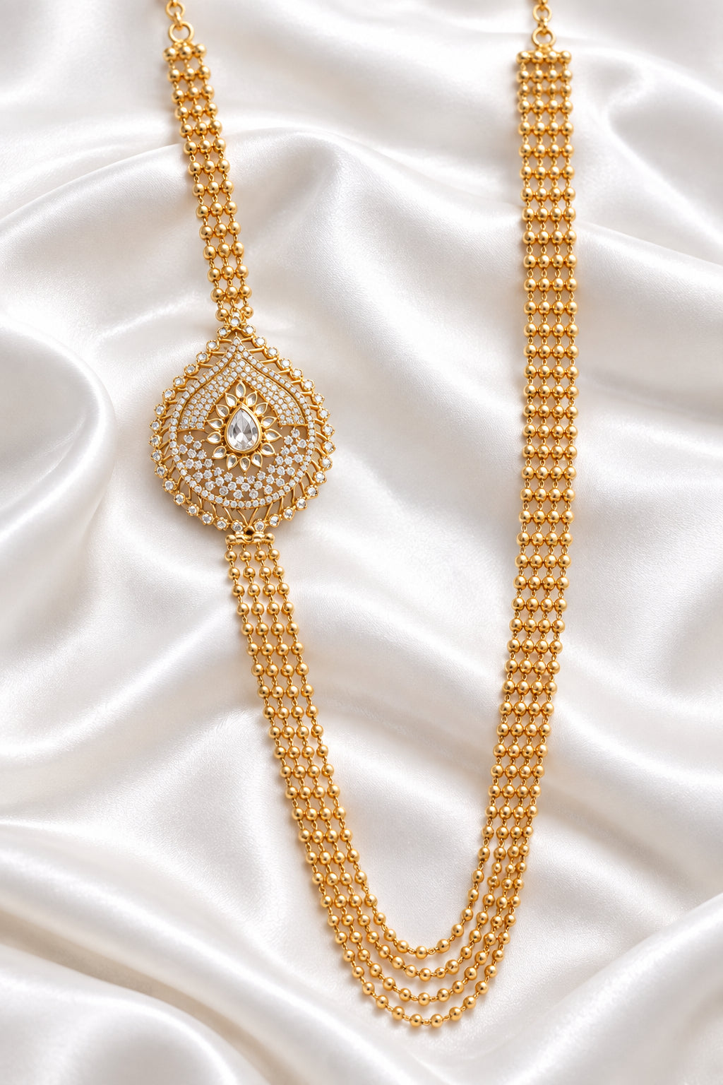 Gold-Plated Multi-Strand Layered Haram Necklace with Kundan & CZ Side Motif