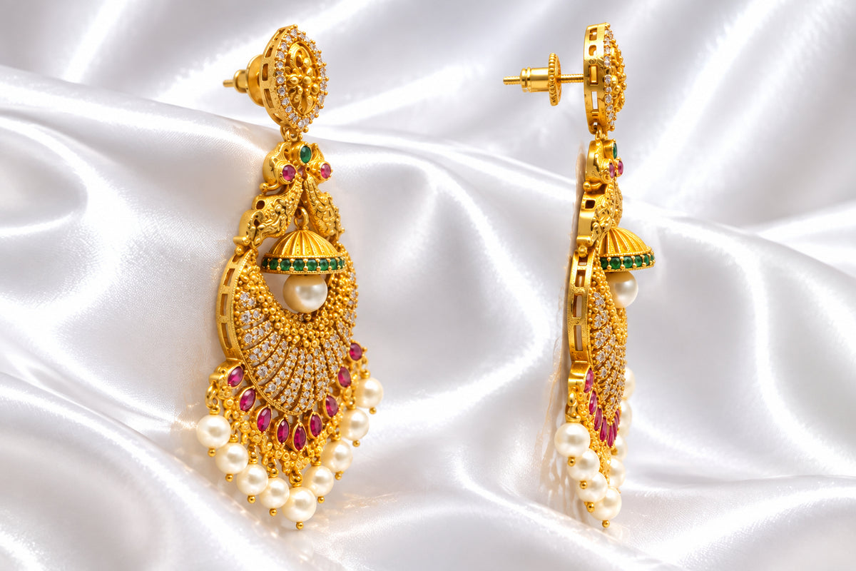 Antique Gold Peacock Chandbali Earrings with Hanging Mini Jhumka & Pearl Drops