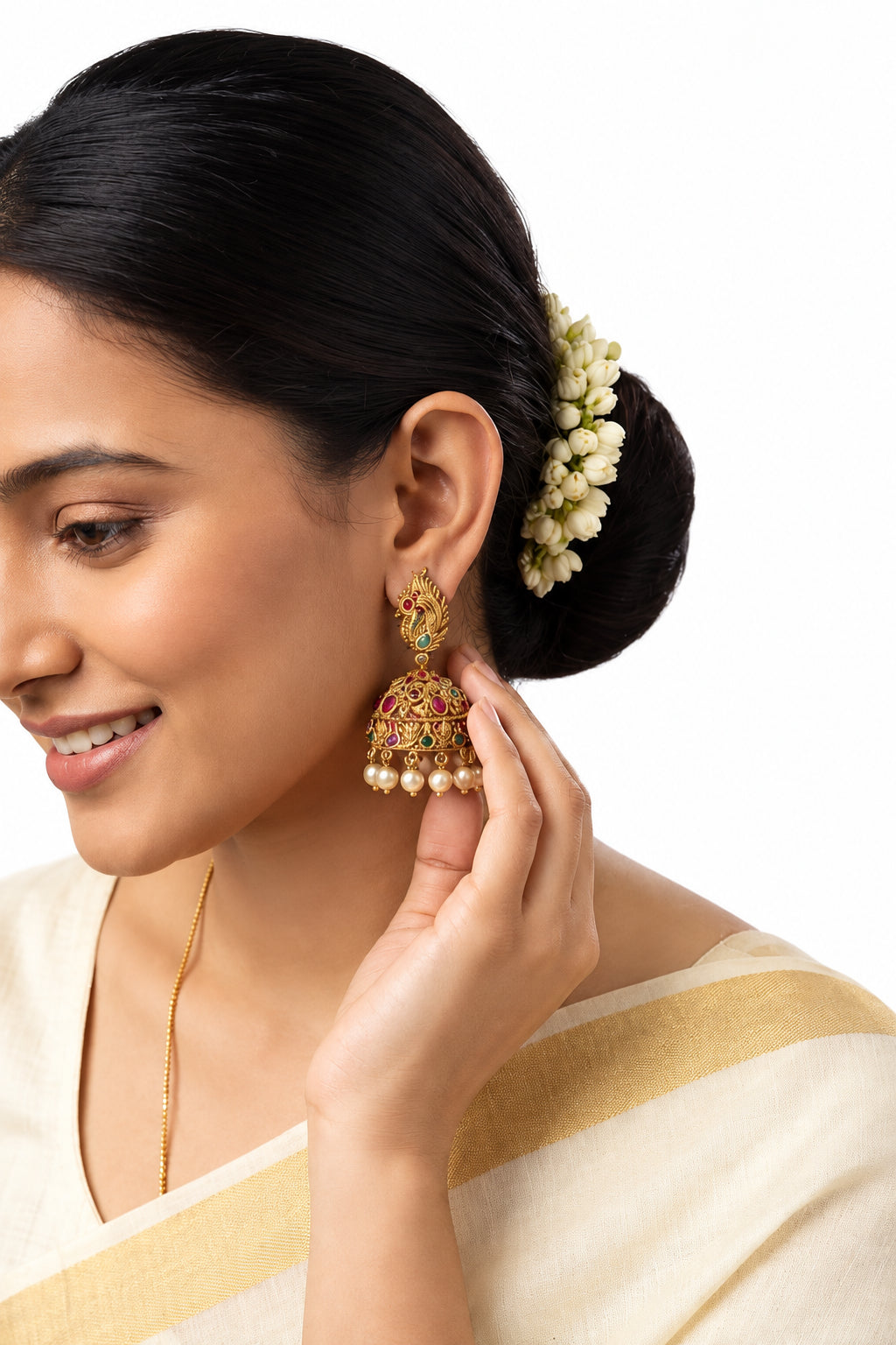 Antique Gold Finished Temple Peacock Haram Necklace Set with Matching Jhumkas
