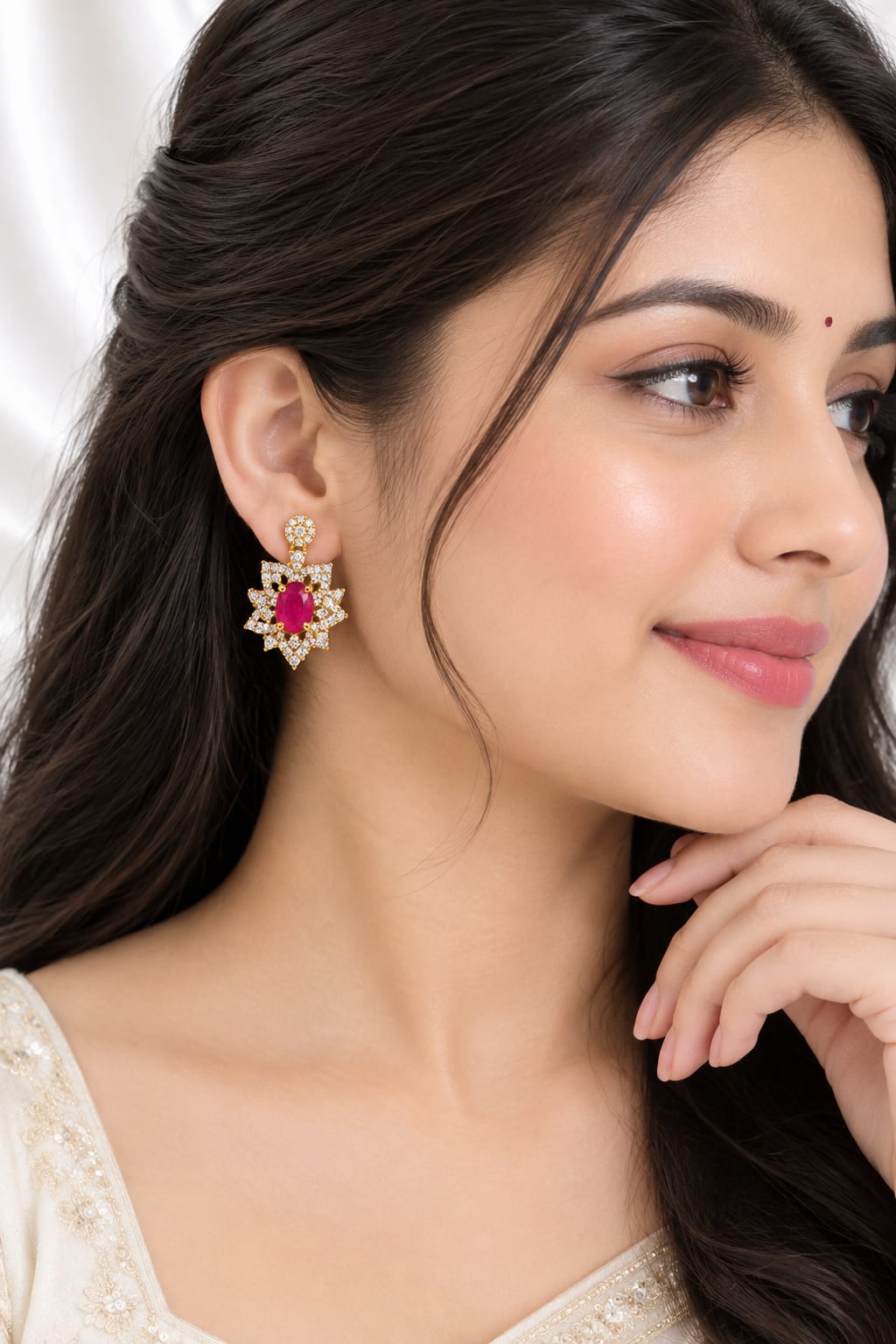 Gold Plated Ruby Red CZ Statement Earrings | Oval Gemstone Floral Dangle Earrings