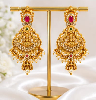 Traditional Temple Jewelry Lakshmi & Peacock Chandbali Drop Earrings