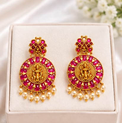Antique Gold Goddess Lakshmi Circular Drop Earrings with Ruby Kemp Halo & Pearl Drops