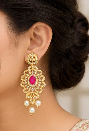 Regal Gold-Plated CZ & Oval Ruby Statement Chandelier Earrings with Pearl Drops