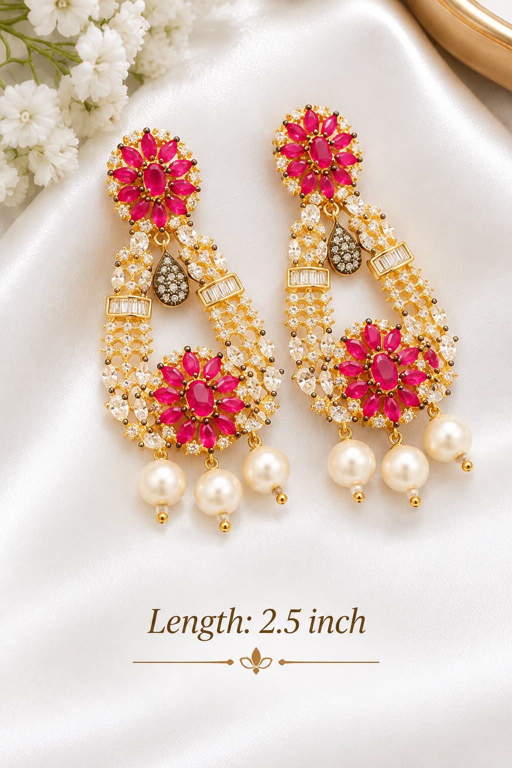Premium Gold-Plated Ruby Pink & Cubic Zirconia Pearl Drop Statement Earrings