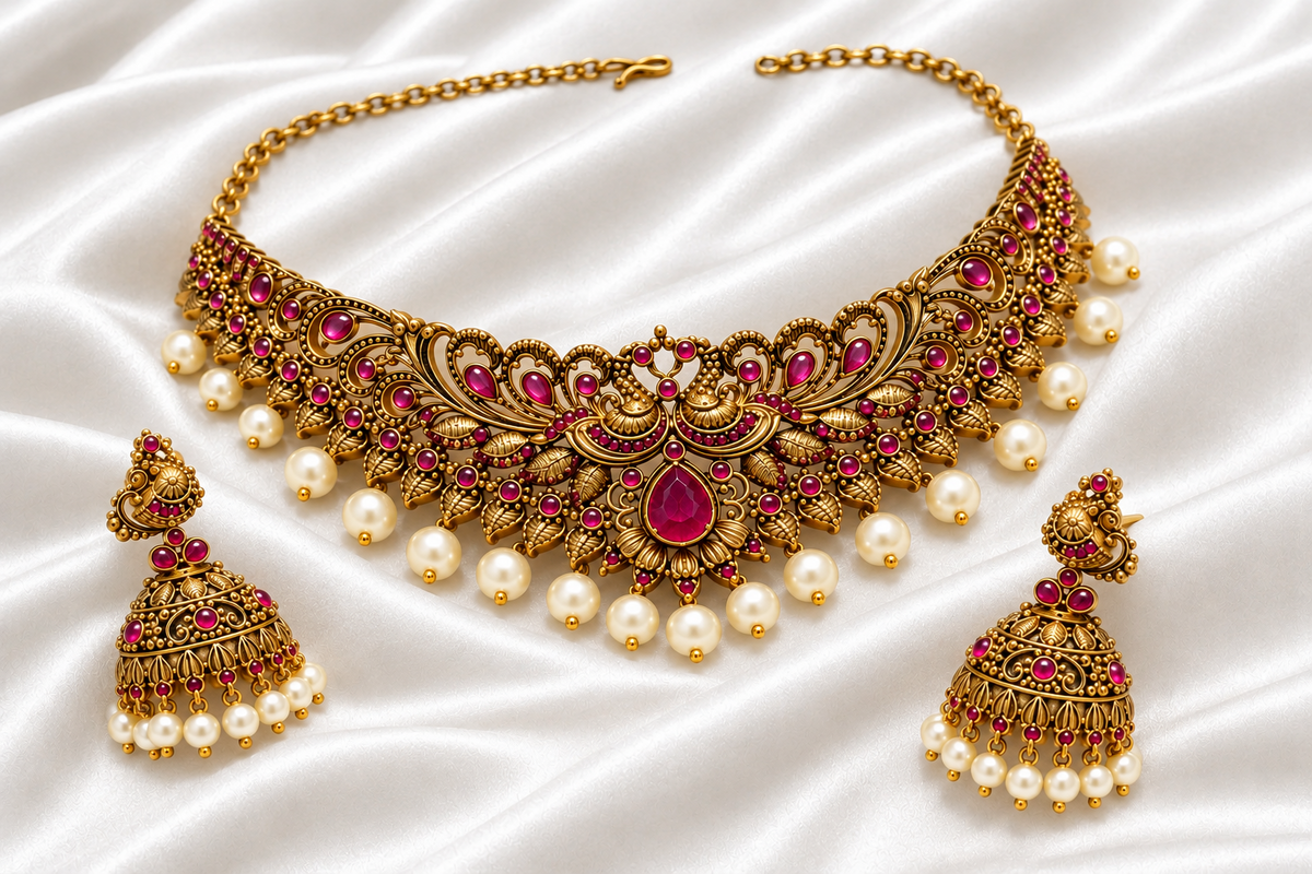Antique Gold Antique Peacock Choker Necklace Set with Matching Jhumkas