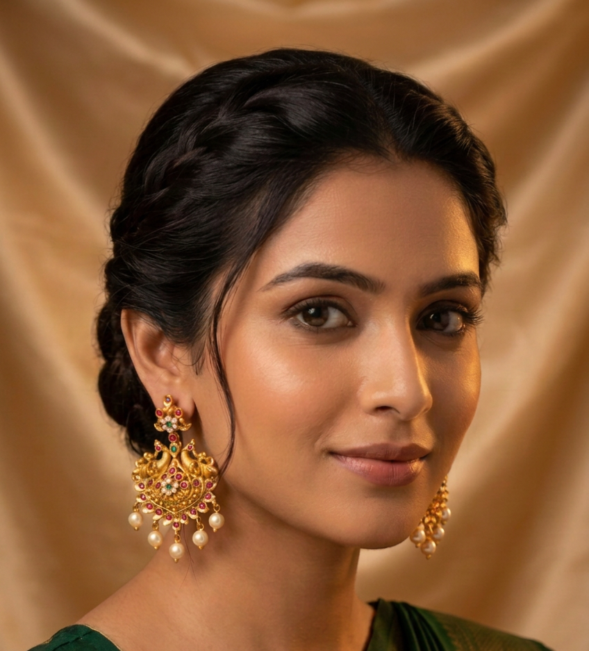 Traditional South Indian Mayur Motif Earrings with Multi-Color Stones & Pearl Hangings