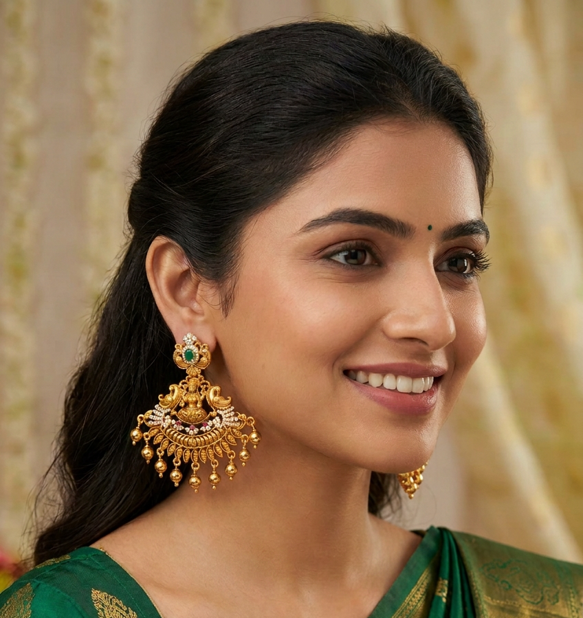Antique Gold Goddess Lakshmi Earrings with Ruby, Emerald & White CZ Stones