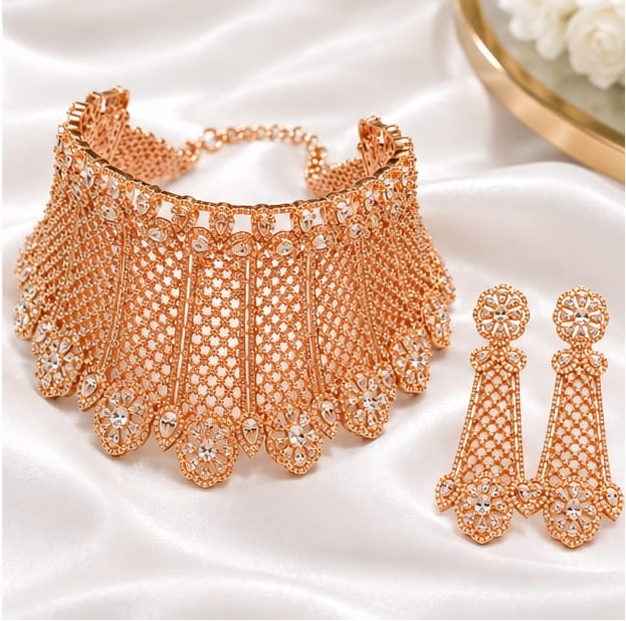 Elegant Rose Gold Finish CZ Broad Choker Set with Matching Long Earrings | Indian Bridal & Party Wear Jewelry