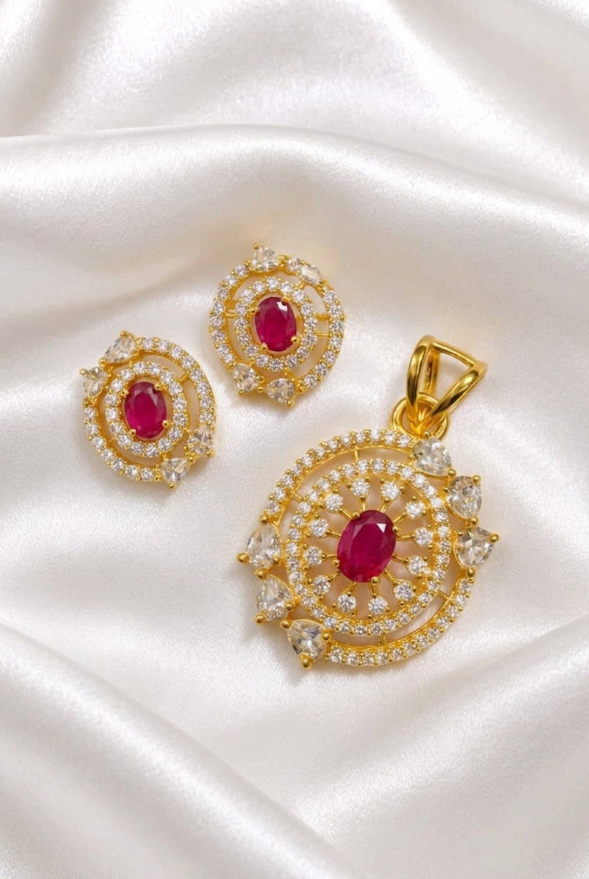 Sparkling Cubic Zirconia & Ruby Pink Oval Gemstone Pendant with Matching Stud Earrings