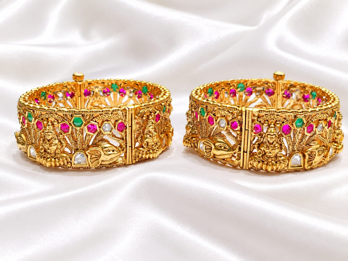 Divine Goddess Lakshmi & Elephant Nakshi Openable Bangle – Gold Plated Temple Jewelry Kada with Kemp Stones