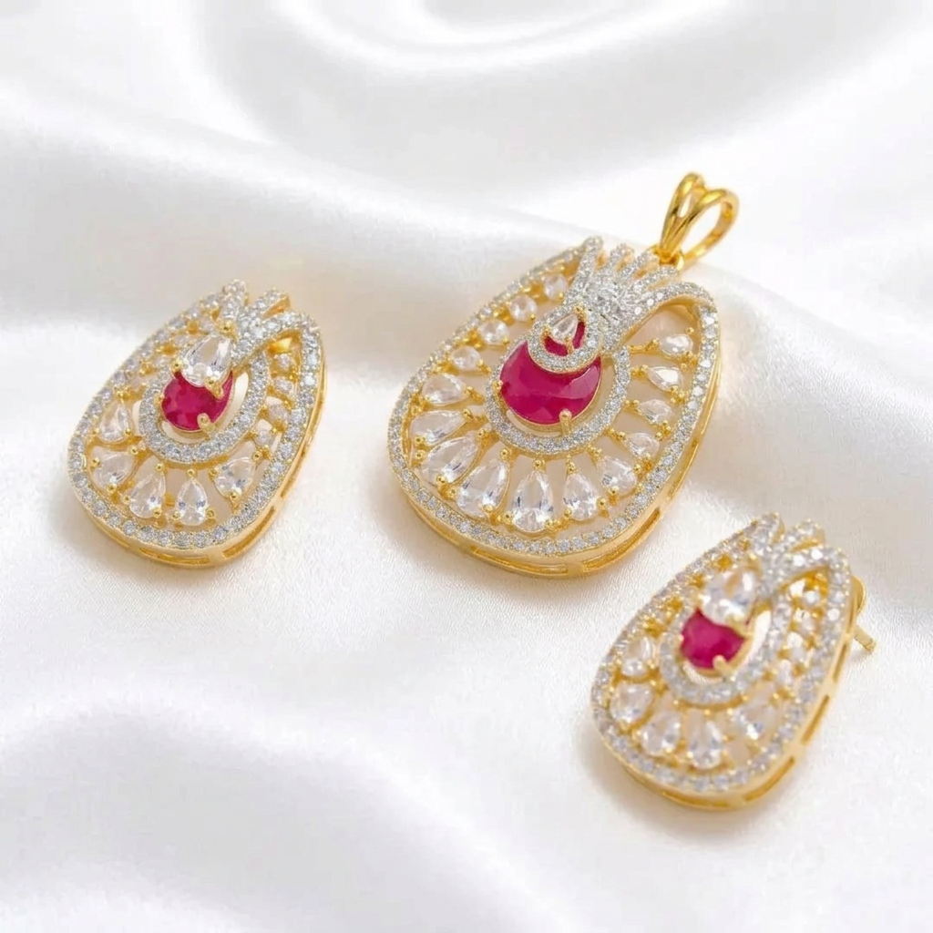 Gold Plated CZ Ruby Red Stone Pendant Set | Oval American Diamond Ethnic Jewelry Set