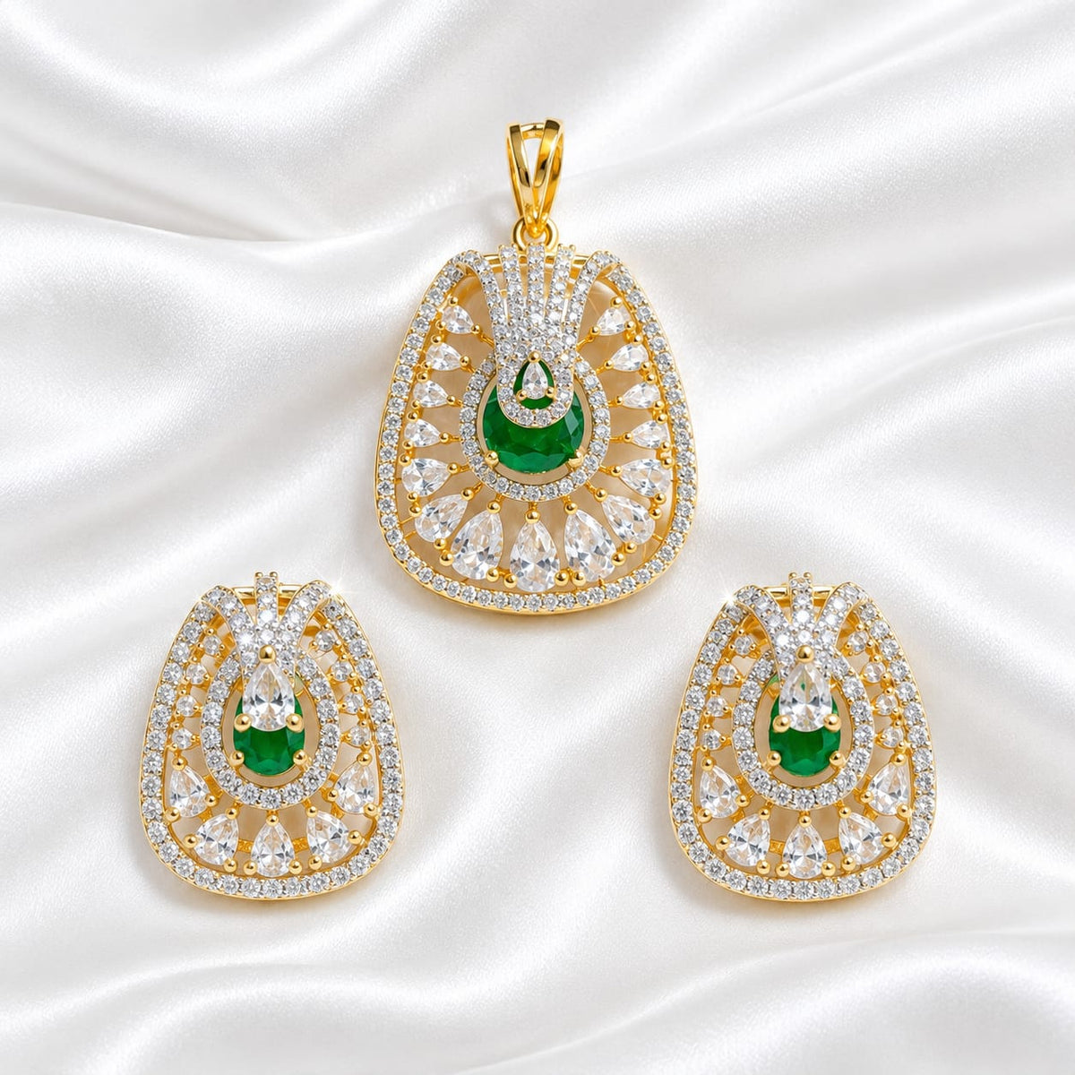 Gold Plated Cubic Zirconia Emerald Green Statement Pendant & Stud Earrings Set