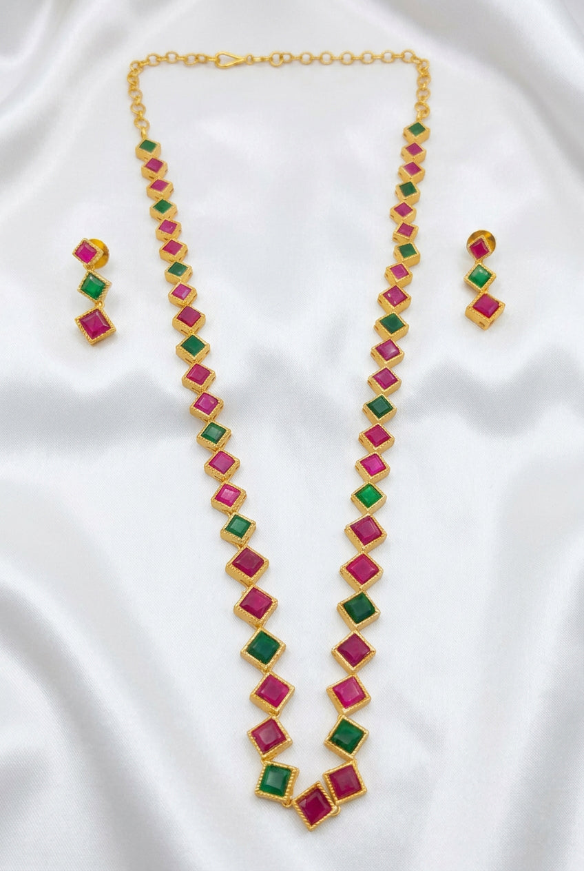 Gold Plated Ruby & Emerald Kemp Square Stone Long Haram Set