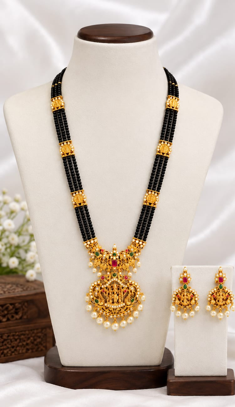 Traditional Goddess Lakshmi Matte Gold Black Bead Long Necklace Set with Matching Earrings